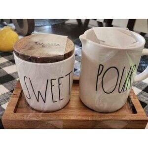 Rae Dunn "SWEET POUR" 3 Piece Set Japanese Style Wood Lid & Tray